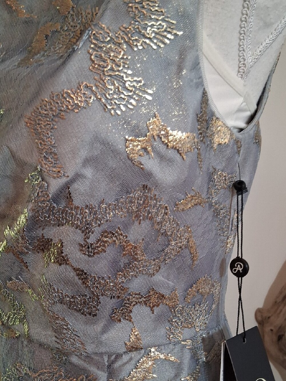 Adrianna Papell One-Shoulder Silver And Gold Metallic Lace Gown - Picture 3 of 9
